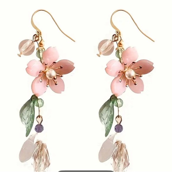 Chic Pink and Green Floral Drop Earrings - Picture 1 of 6
